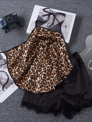 Leopard Print Pajama Set Halter Lace Up Cami Top & Lace Trim Shorts