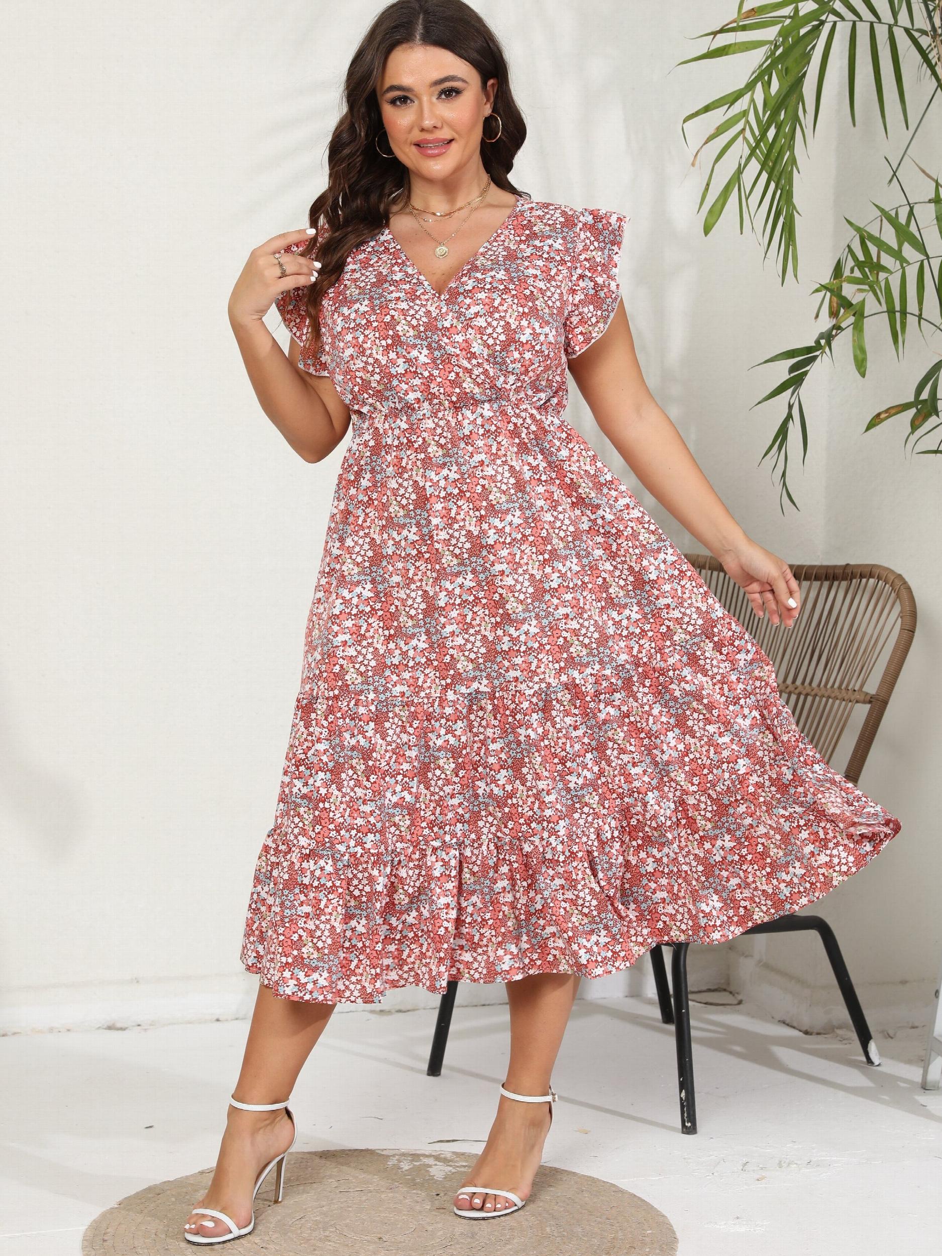 Ditsy Print Ruffle Sleeve V Neck Midi Dress
