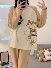 Bear Print Pajama Set Long Sleeve Crew Neck Top & Pants