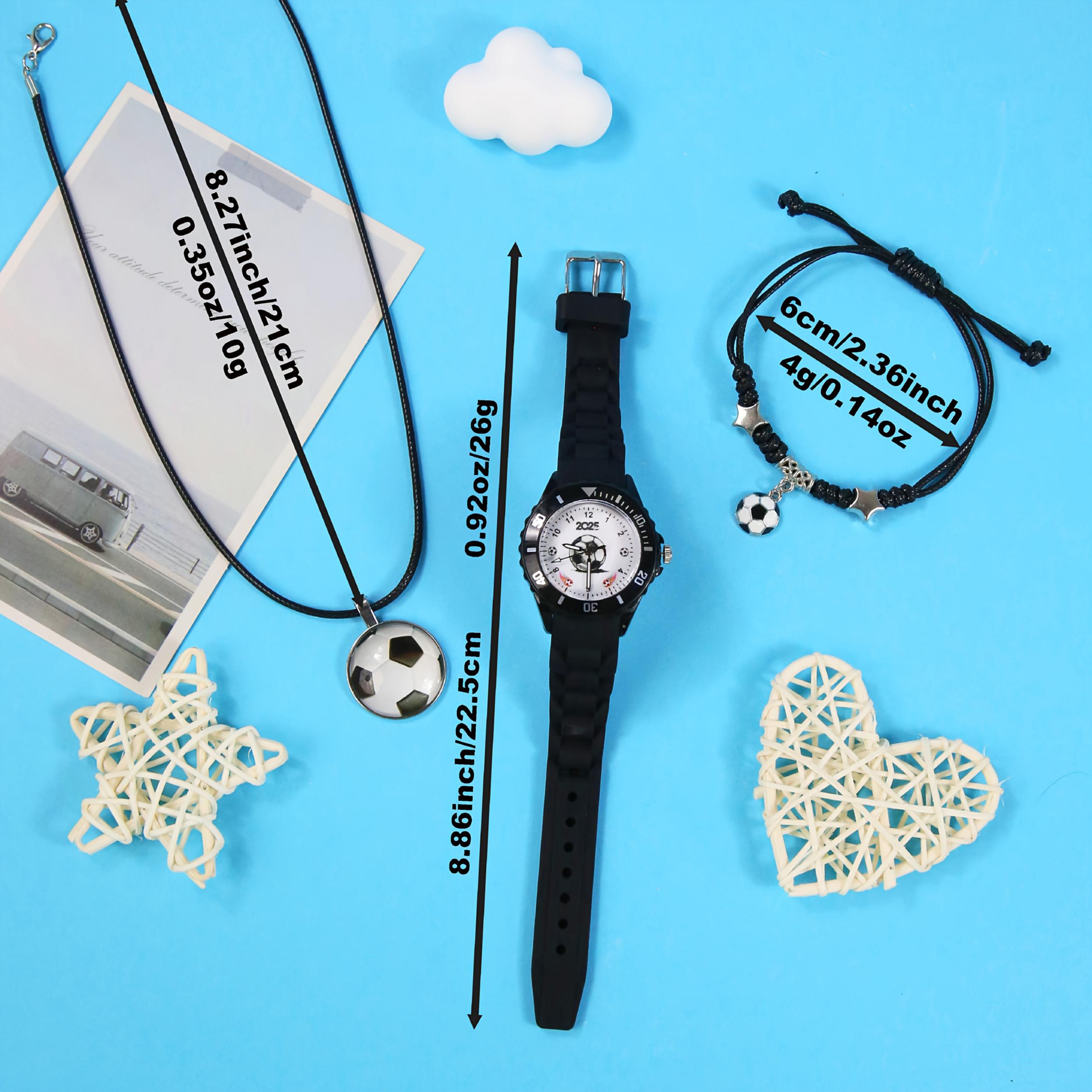 3pcs Boys' Quartz Watch Set Sports Silicone Strap Football Watch and Brace