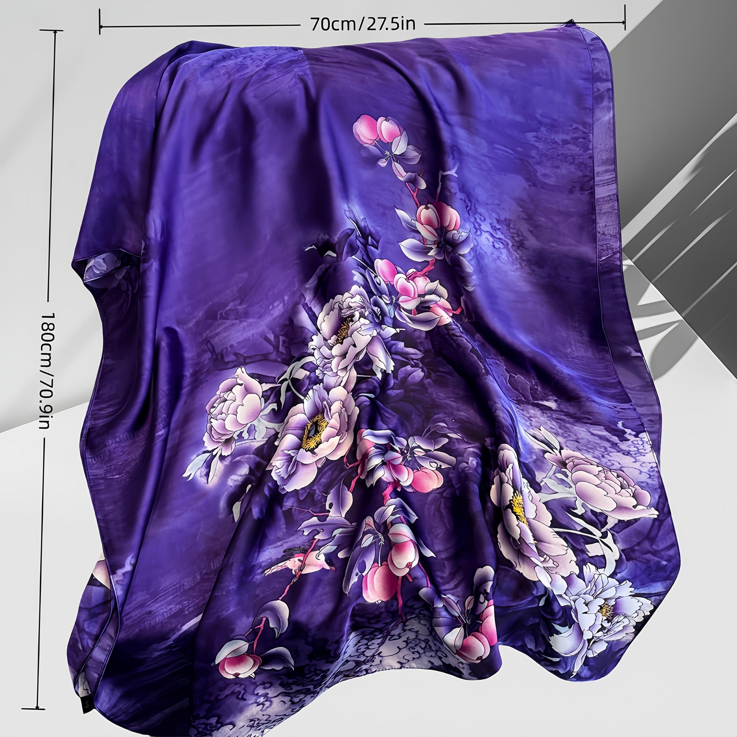 Purple Floral Silk Scarf 180x70cm Lightweight Hand Washable for Suits