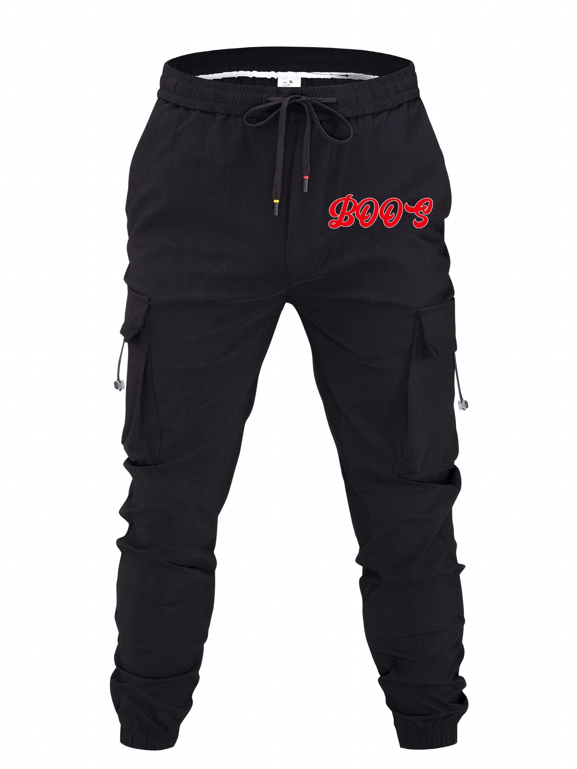 Retro Boos Letter Print Cargo Pants Men's Casual Loose Fit