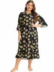 Sunflower Print Ruffle Trim Sleep Dress