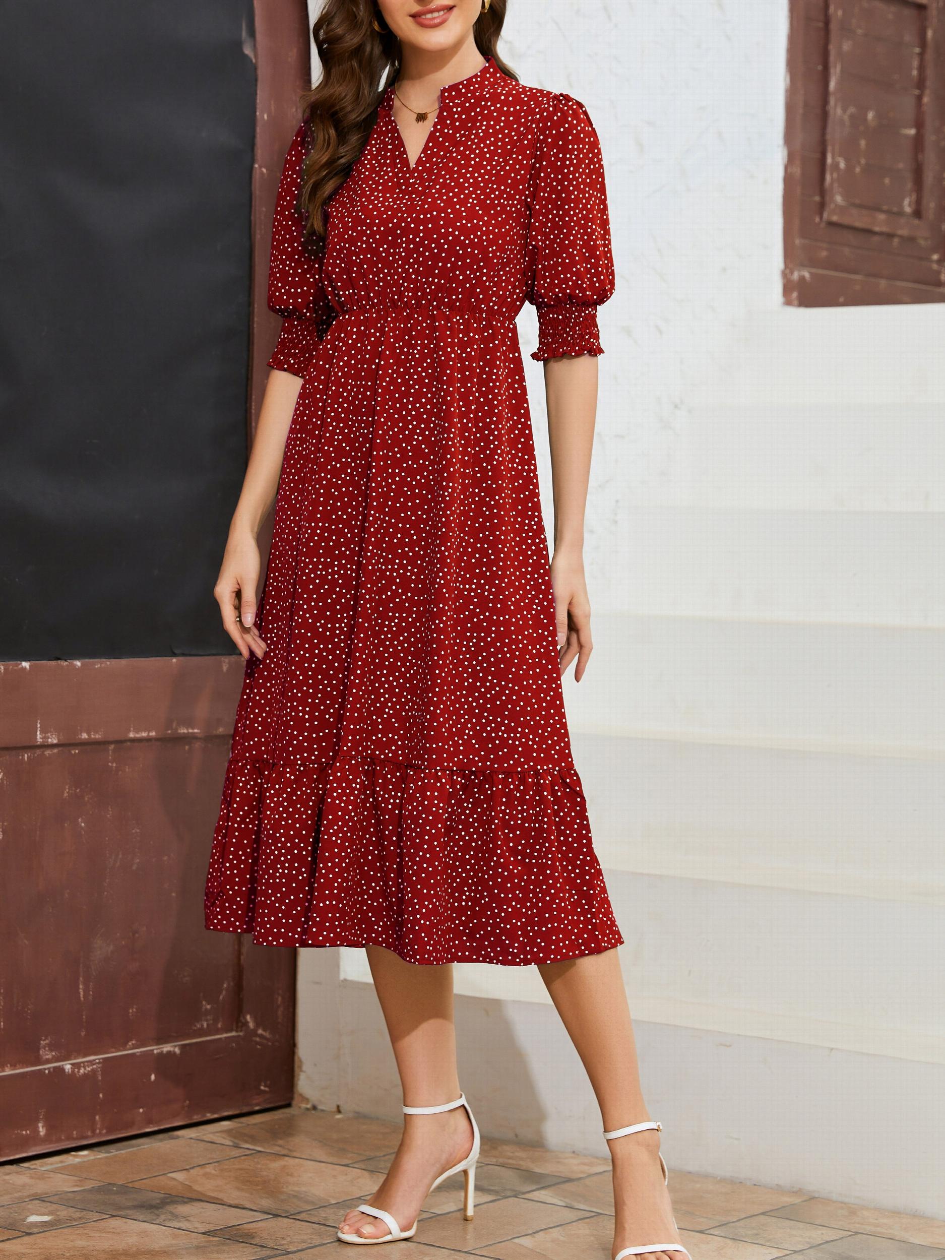Polka Dot V Neck Shirred Cuff Dress Casual Short Sleeve Dress