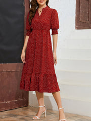 Polka Dot V Neck Shirred Cuff Dress Casual Short Sleeve Dress