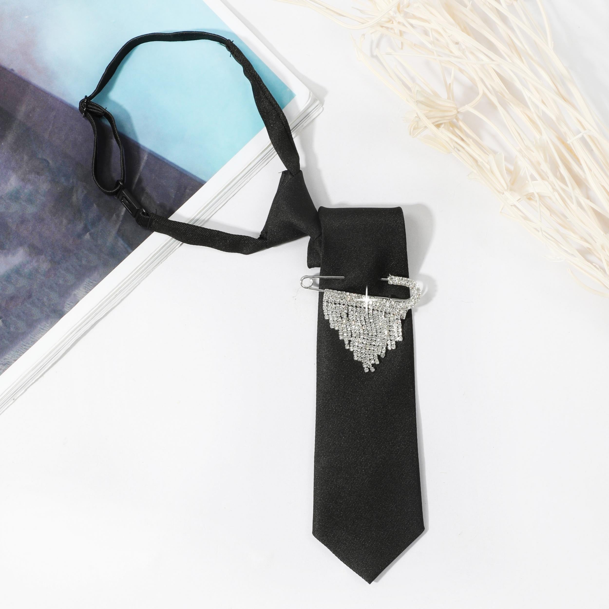 Rhinestone Tassel Brooch Necktie Solid Neck Tie For Shirt Decorative Tie