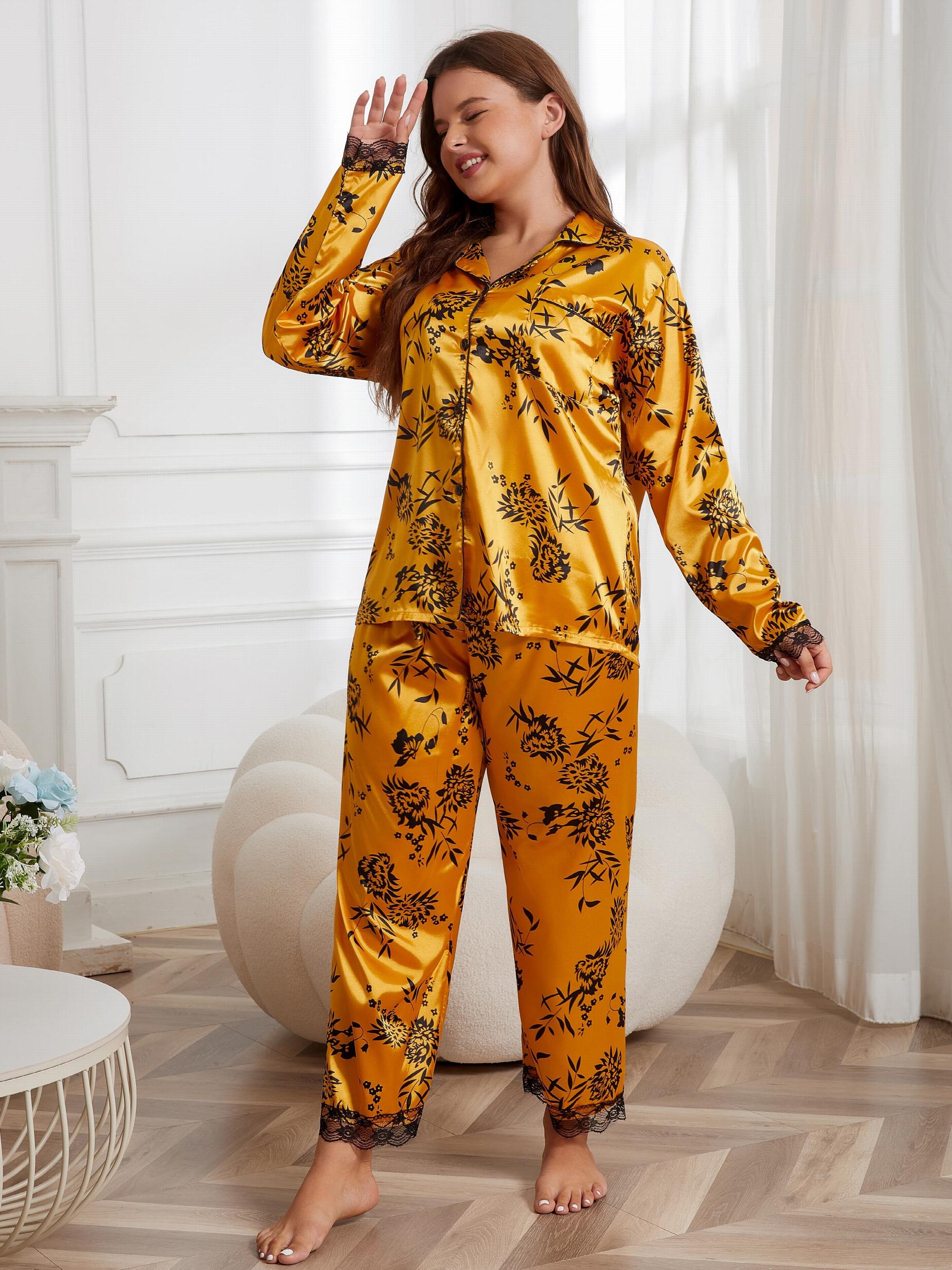 Silk Satin Floral Pajama Set with Lace Trim Long Sleeve Button Up