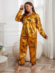 Silk Satin Floral Pajama Set with Lace Trim Long Sleeve Button Up