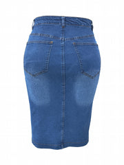 Plus Size Washed Button Up Medium Stretch Slim Fit Denim Skirt