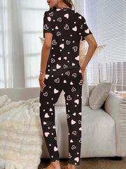 Heart Print Pajamas Set Short Sleeve Tee & Lounge Pants PJ Set Women's Sleepwear