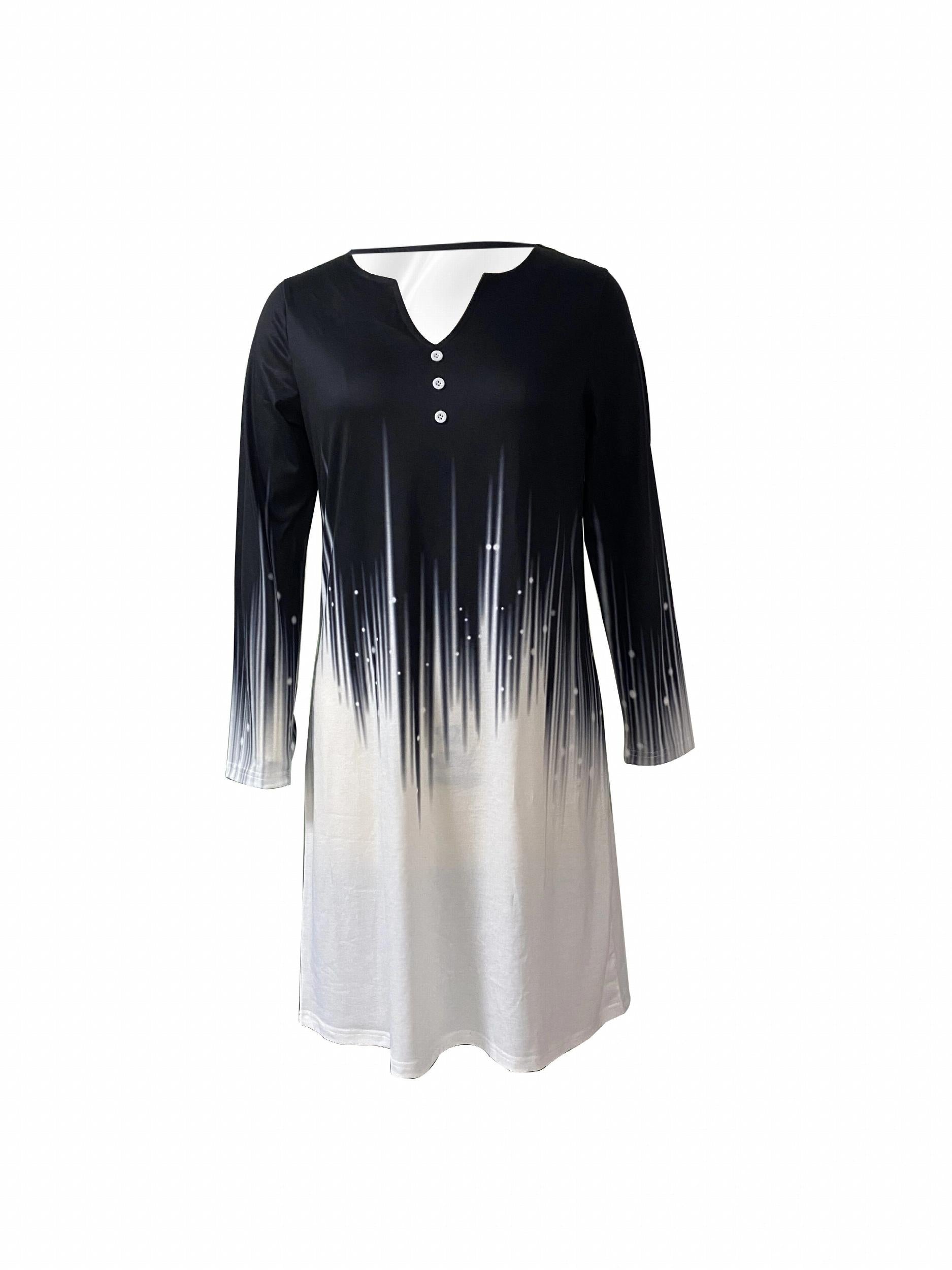 Casual Notched Neck Long Sleeve Dress Women's Clothing