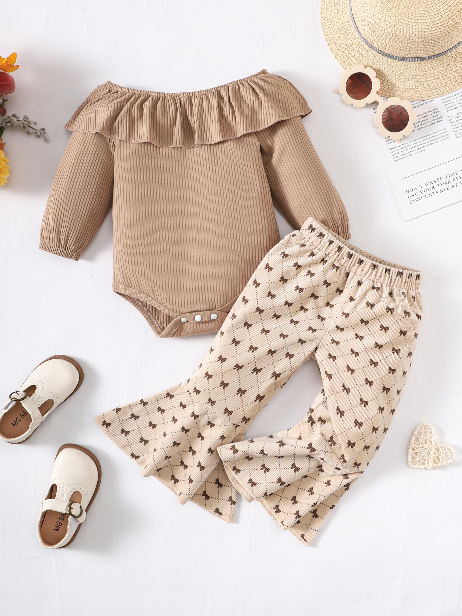 Toddler Girls Ruffle Off Shoulder Romper & Flared Pants Set
