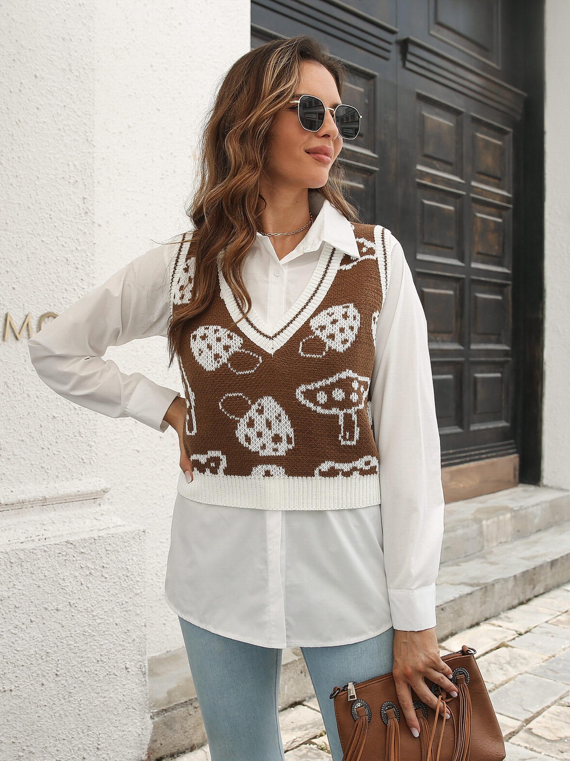 Mushroom Print Vest Casual Sleeveless V Neck Women's Clothing