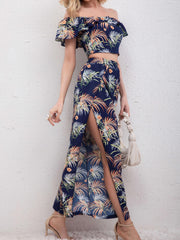 Boho Tropical Print Two piece Set Off Shoulder Crop Top & Split Pants