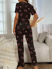 Crown Print Pajama Set Short Sleeve Crew Neck Top & Elastic Waistband Pants
