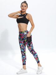 Print Fitness Yoga Pants Slim Fit High Waist Pocket Running Pants