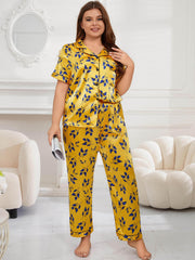 Women's Plus Leaf Print Silk Satin Pajama Set