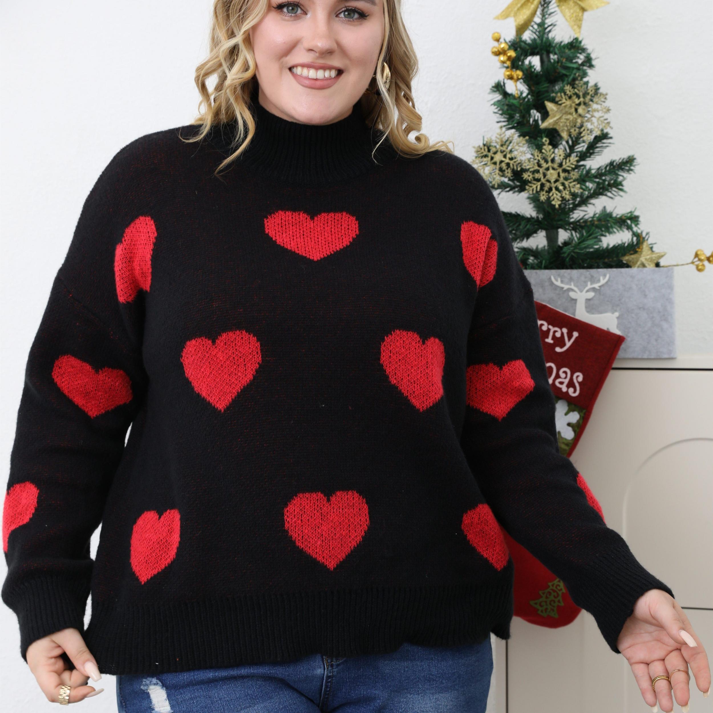 Heart Pattern Turtleneck Sweater Long Sleeve Loose Pullover