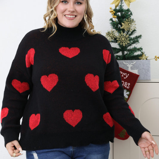 Heart Pattern Turtleneck Sweater Long Sleeve Loose Pullover