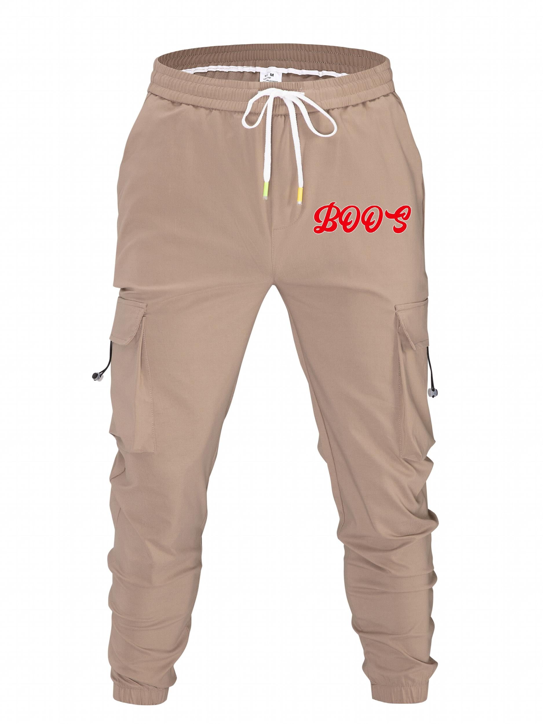 Retro Boos Letter Print Cargo Pants Men's Casual Loose Fit