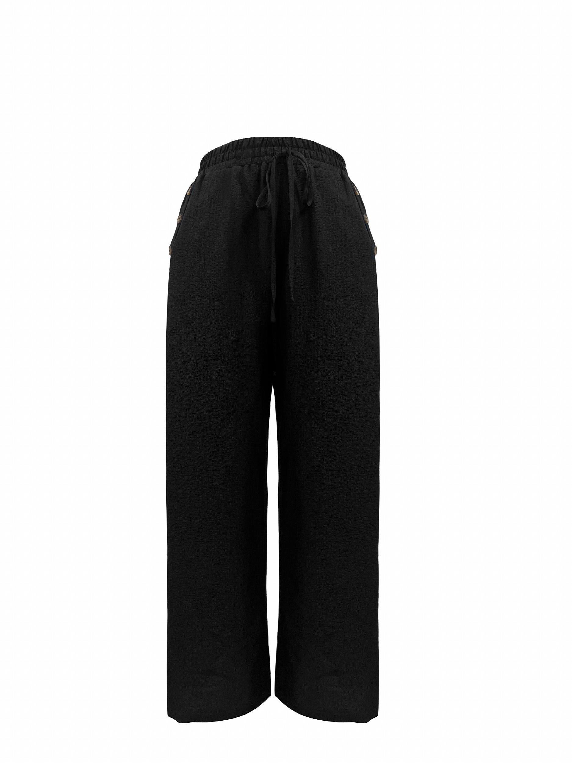 Elastic Waist Straight Leg Pants Casual Button Pocket Loose Pants