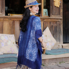 Vintage Tassel Cape Boho Shawl Tie Dye Print