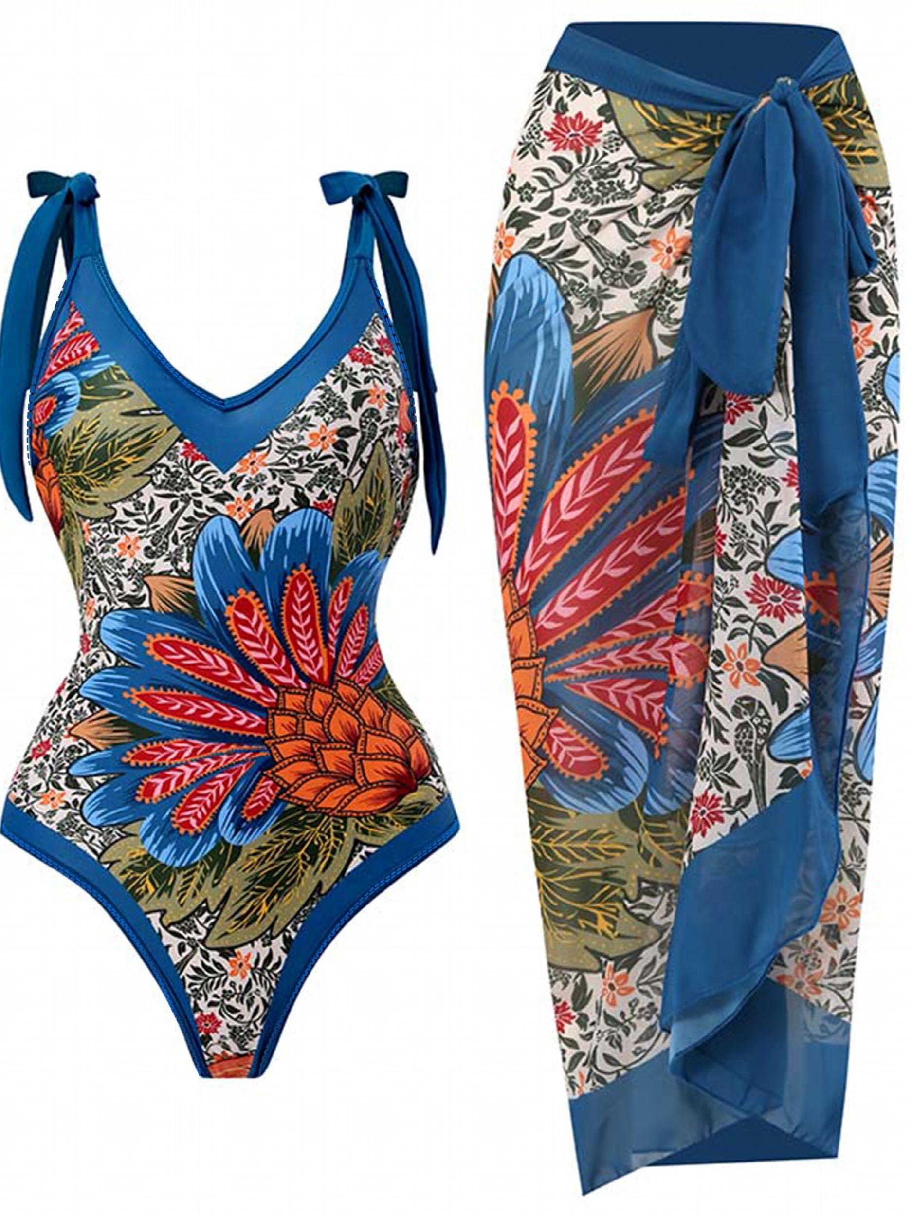 Floral Print Tie Shoulder One Piece Swimsuit & Wrap Maxi Cover Up Dress