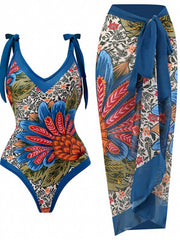 Floral Print Tie Shoulder One Piece Swimsuit & Wrap Maxi Cover Up Dress