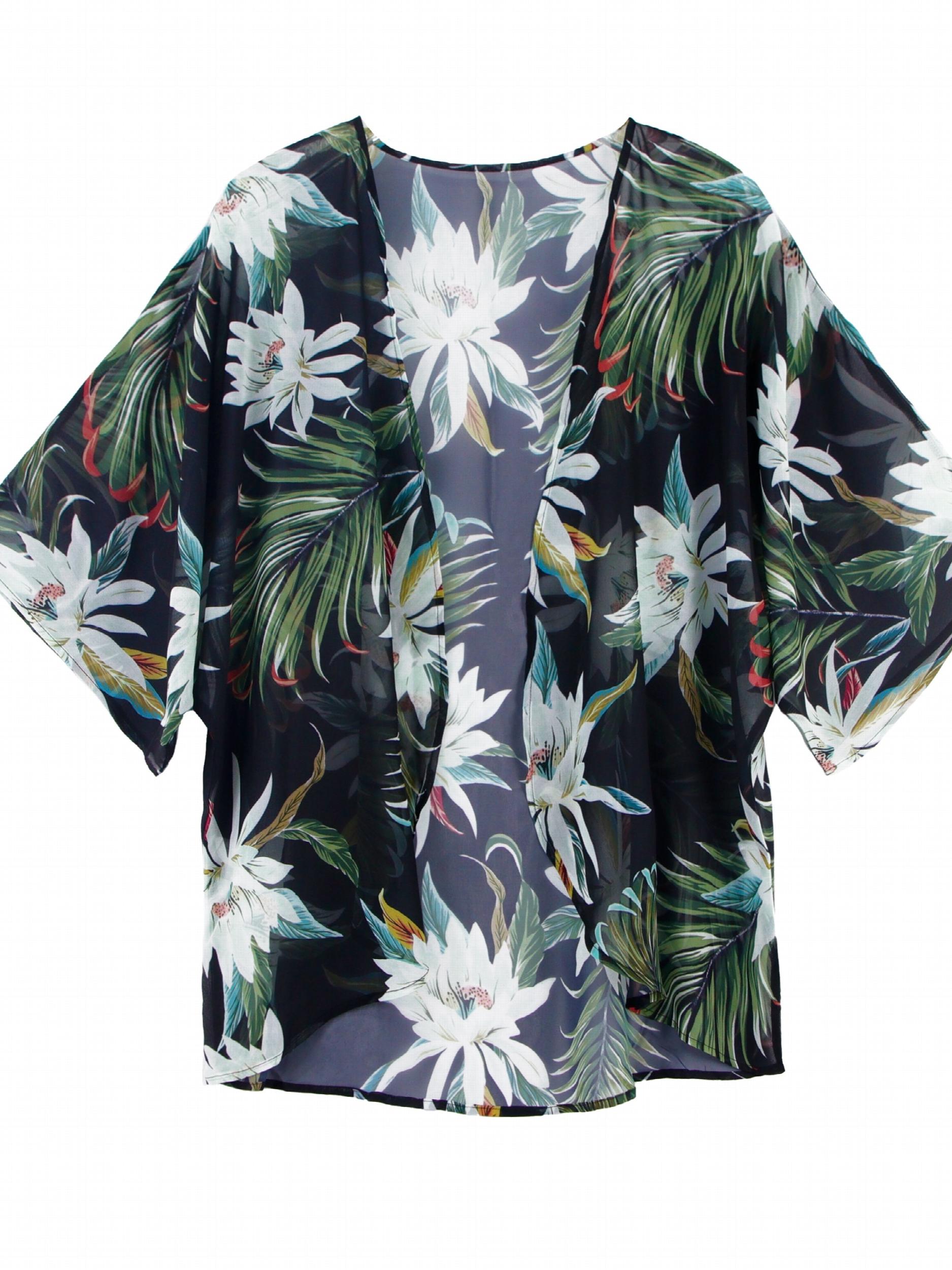 Floral Print Cover Up Shirt V Neck Loose Fit Half Sleeves Beachwear