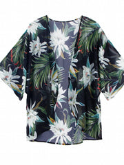 Floral Print Cover Up Shirt V Neck Loose Fit Half Sleeves Beachwear
