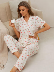 Floral Print Pajama Set Short Sleeve Top & Pants