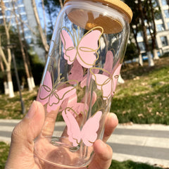 Golden Edge Pink Butterfly Tumbler Cup with Lid and Straw