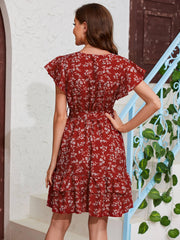 Floral Print Surplice Neck Dress Ruffle Sleeve Belted