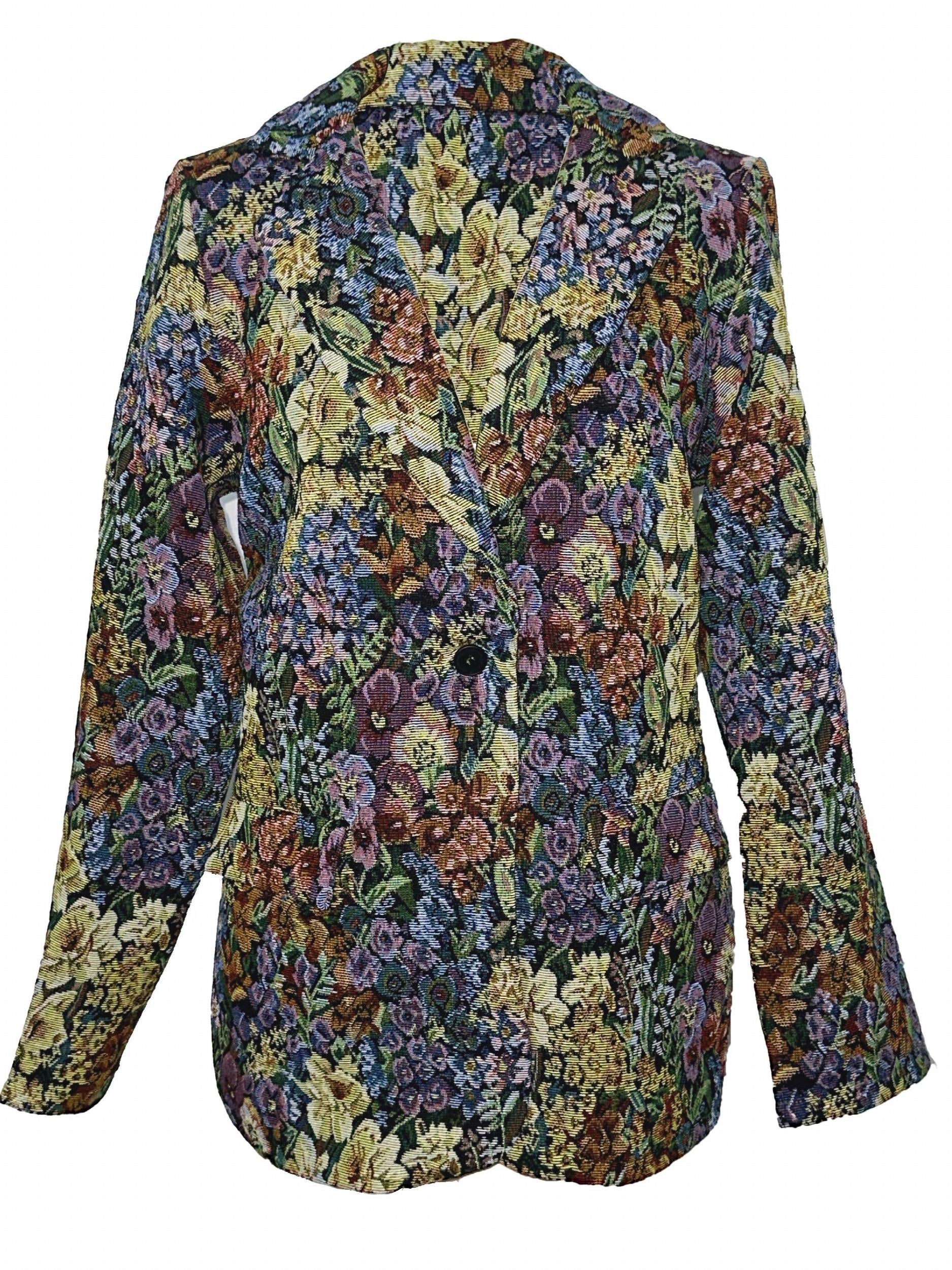 Floral Print Lapel Blazer Vintage Open Front Outerwear