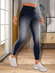 Faux Denim Print Yoga Leggings Tummy Control High Waist Workout Pants Activewear