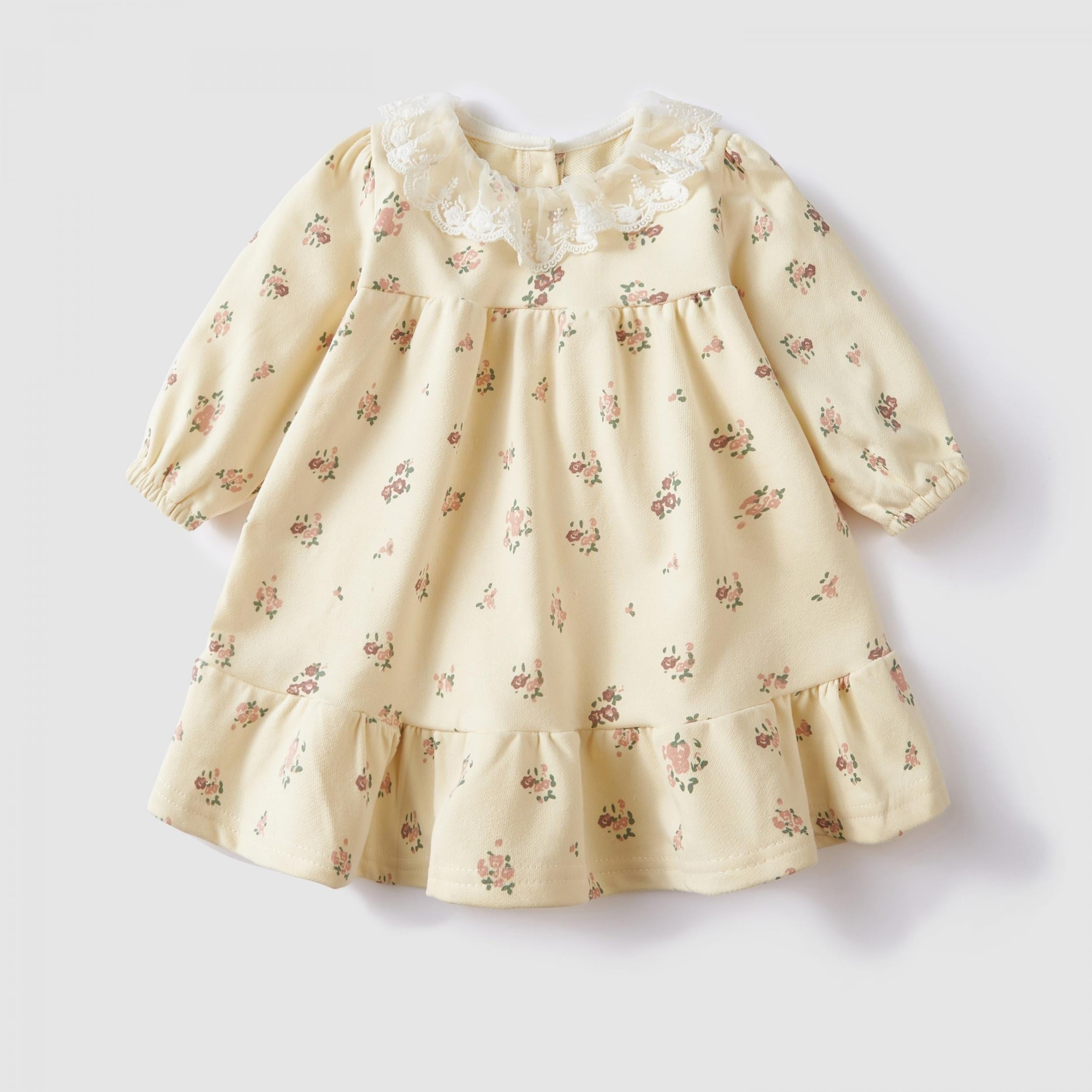 Autumn Baby Girl Floral Print Long Sleeve Lace Neck Casual Dress