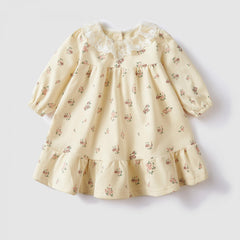 Autumn Baby Girl Floral Print Long Sleeve Lace Neck Casual Dress