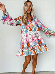 Womens Floral Print Bell Sleeve V Neck Smock Dress