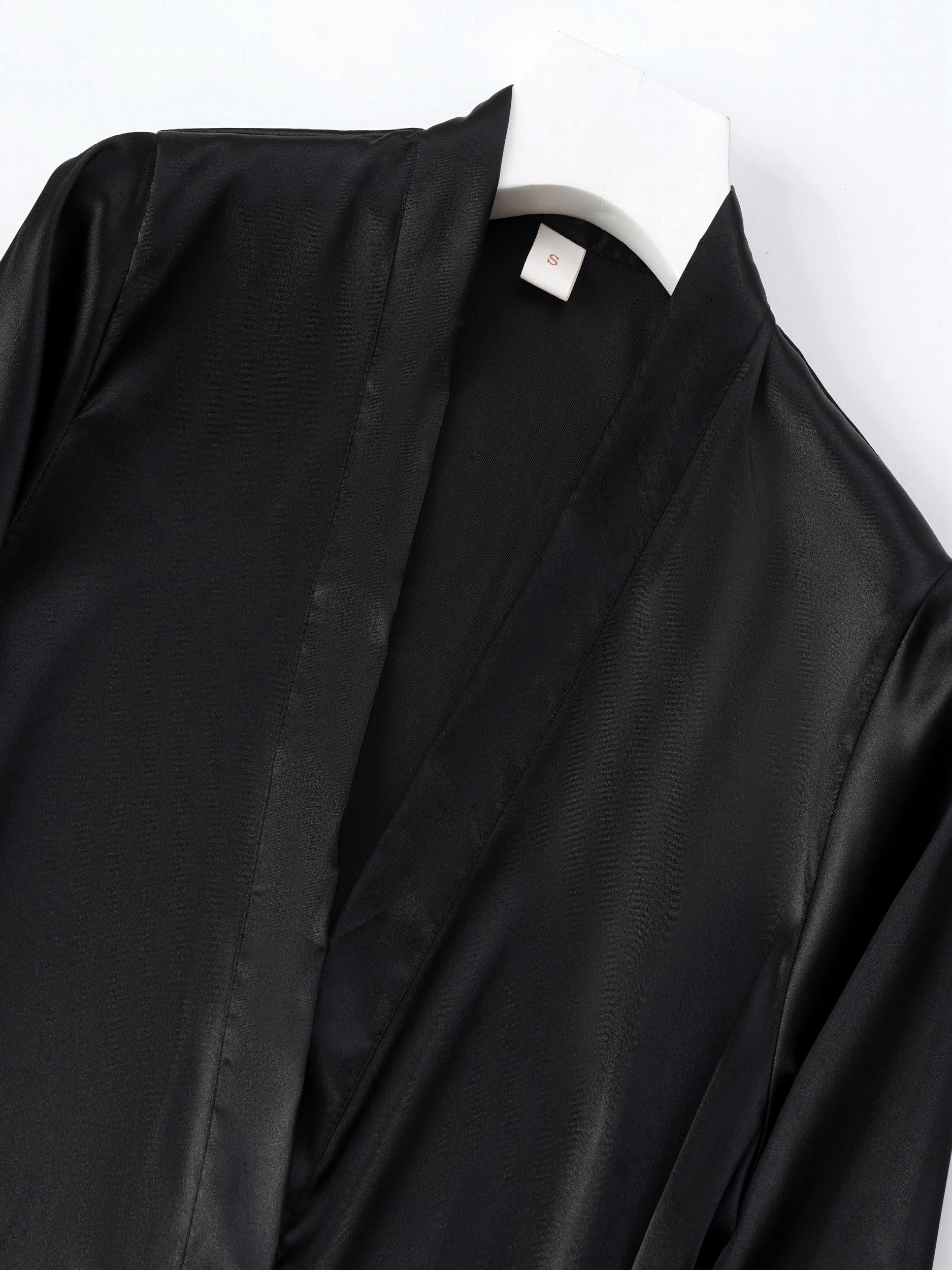 Satin Long Sleeve V Neck Robe with Belt