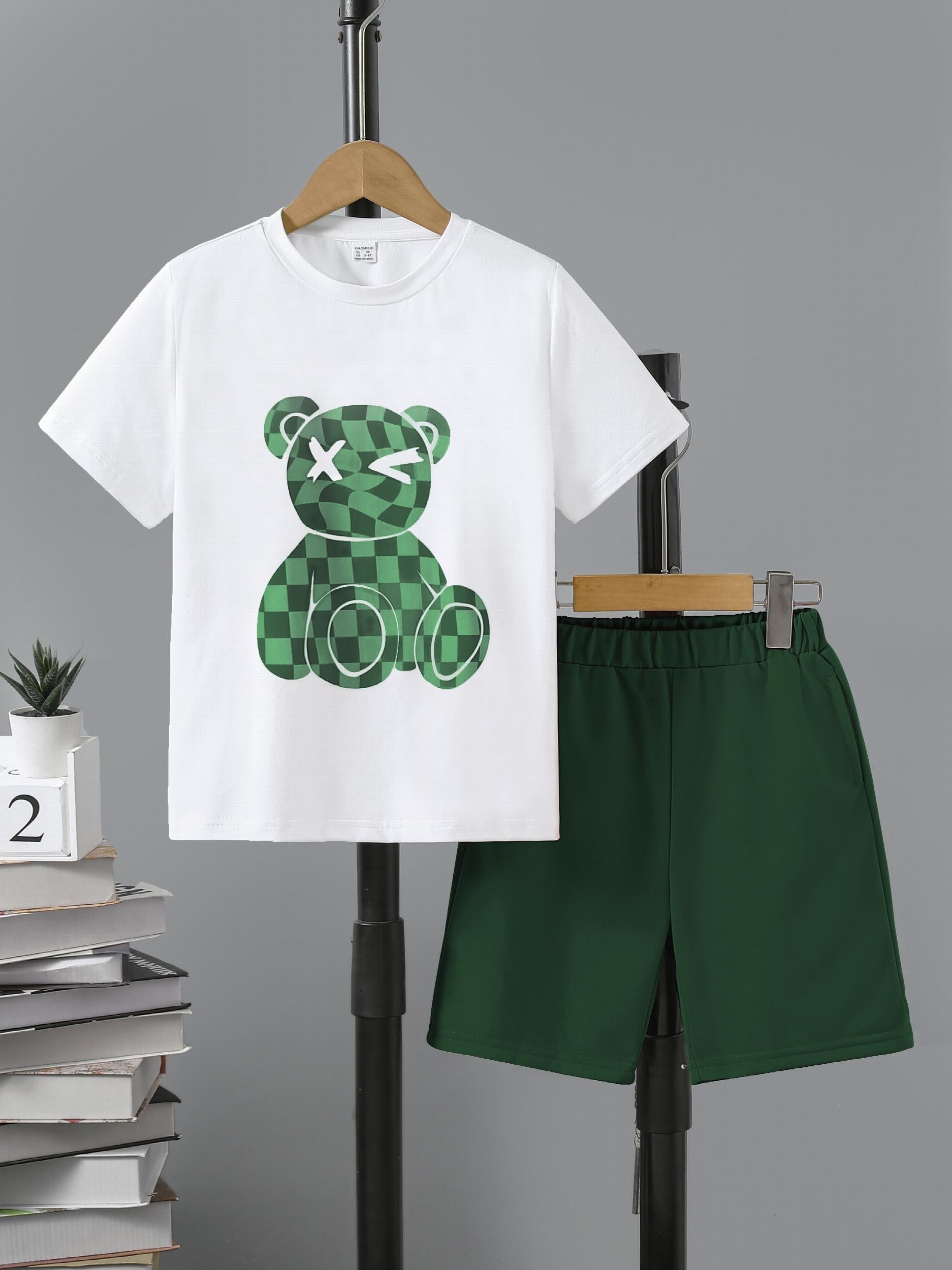 Boys Plaid Bear Graphic Casual Outfit T shirt & Shorts Summer Clothes Sets
