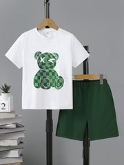 Boys Plaid Bear Graphic Casual Outfit T shirt & Shorts Summer Clothes Sets