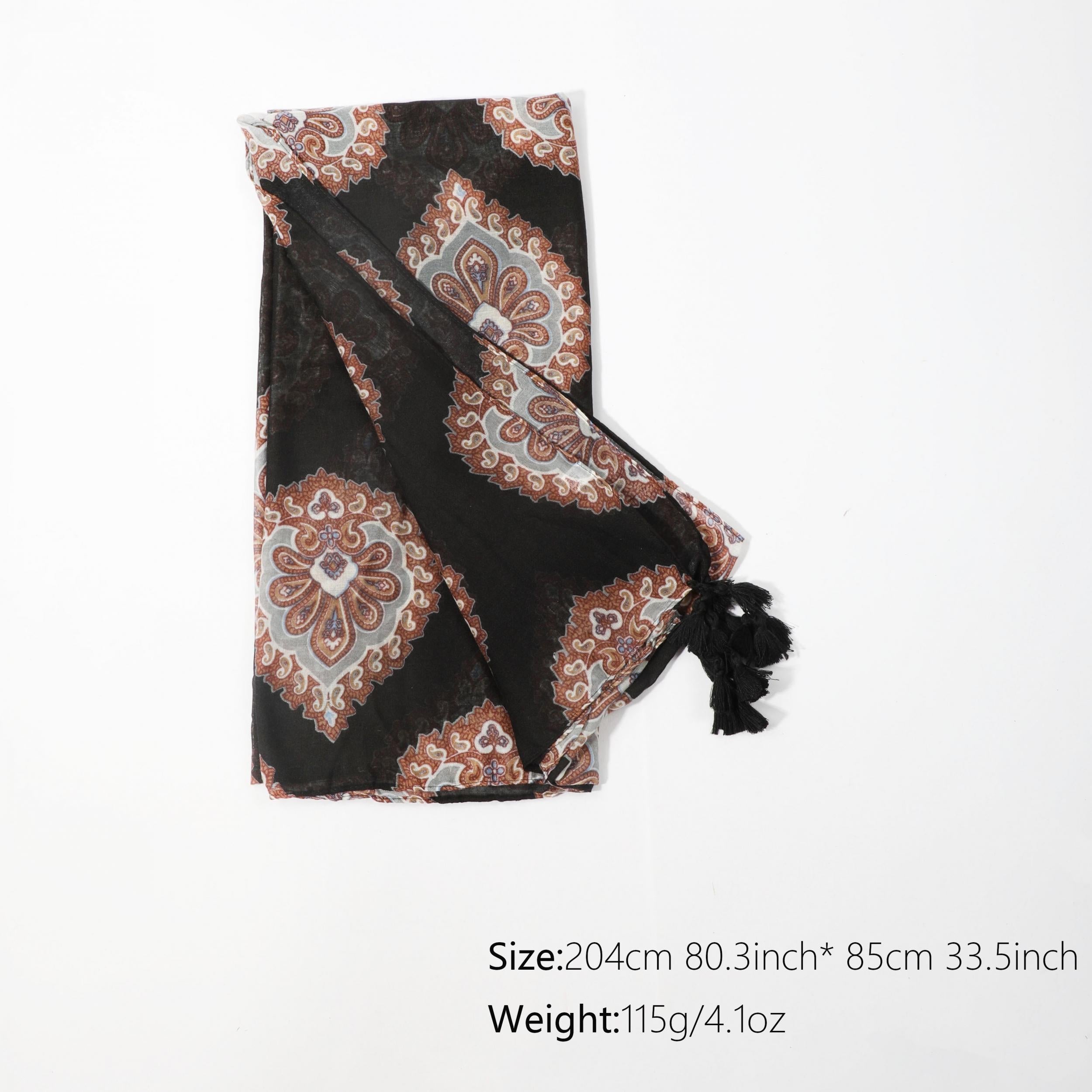 Boho Flower Print Scarf Vintage Tassel Shawl