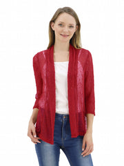 V Neck Mesh Slim Cardigan Boho 3/4 Sleeve Crochet Crop