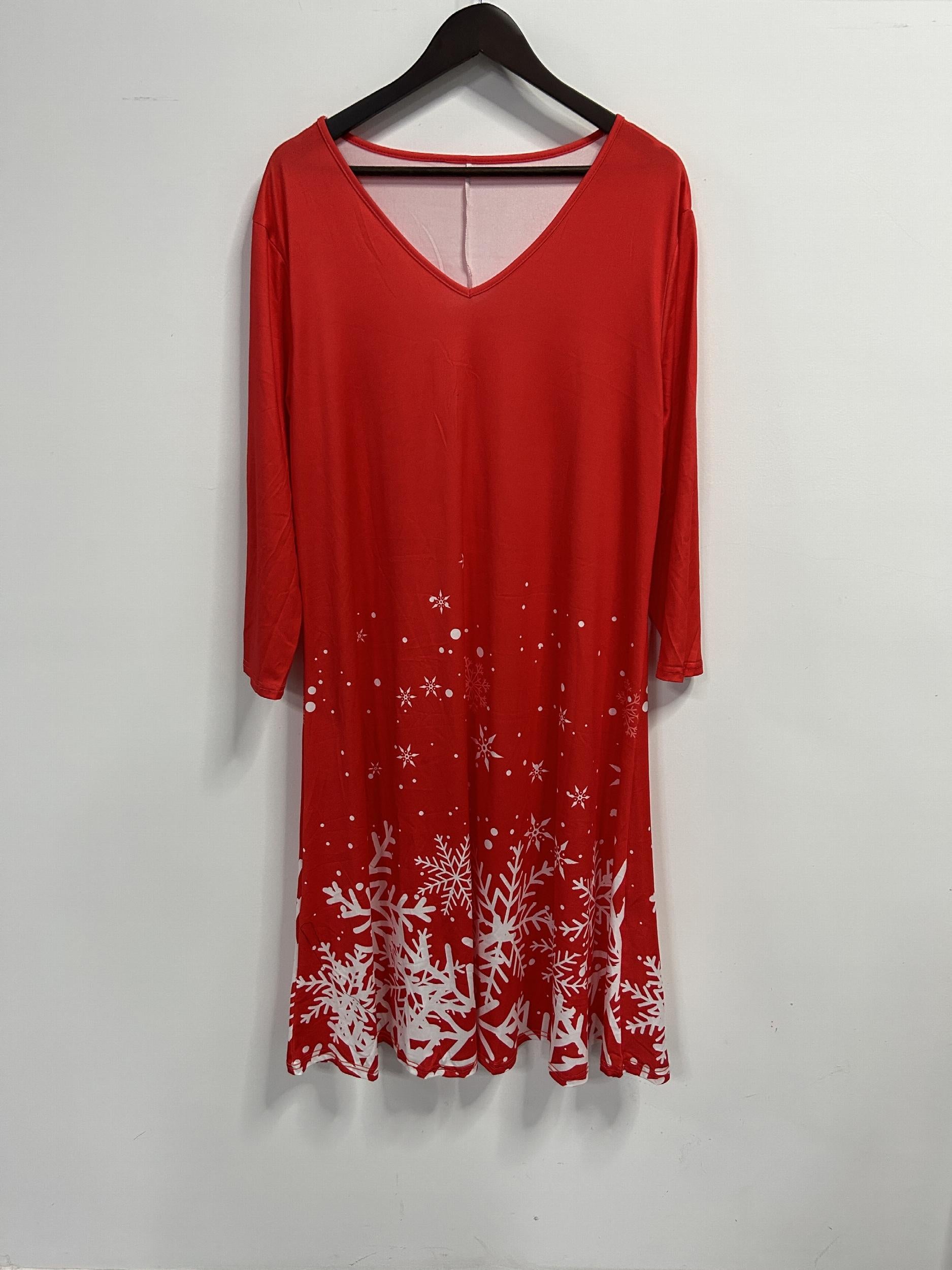 Snowflake Print V Neck Knee Length Dress