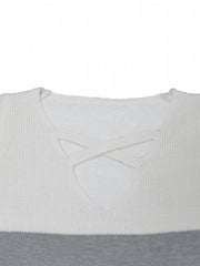 Colorblock Criss Cross V Neck Knit Top