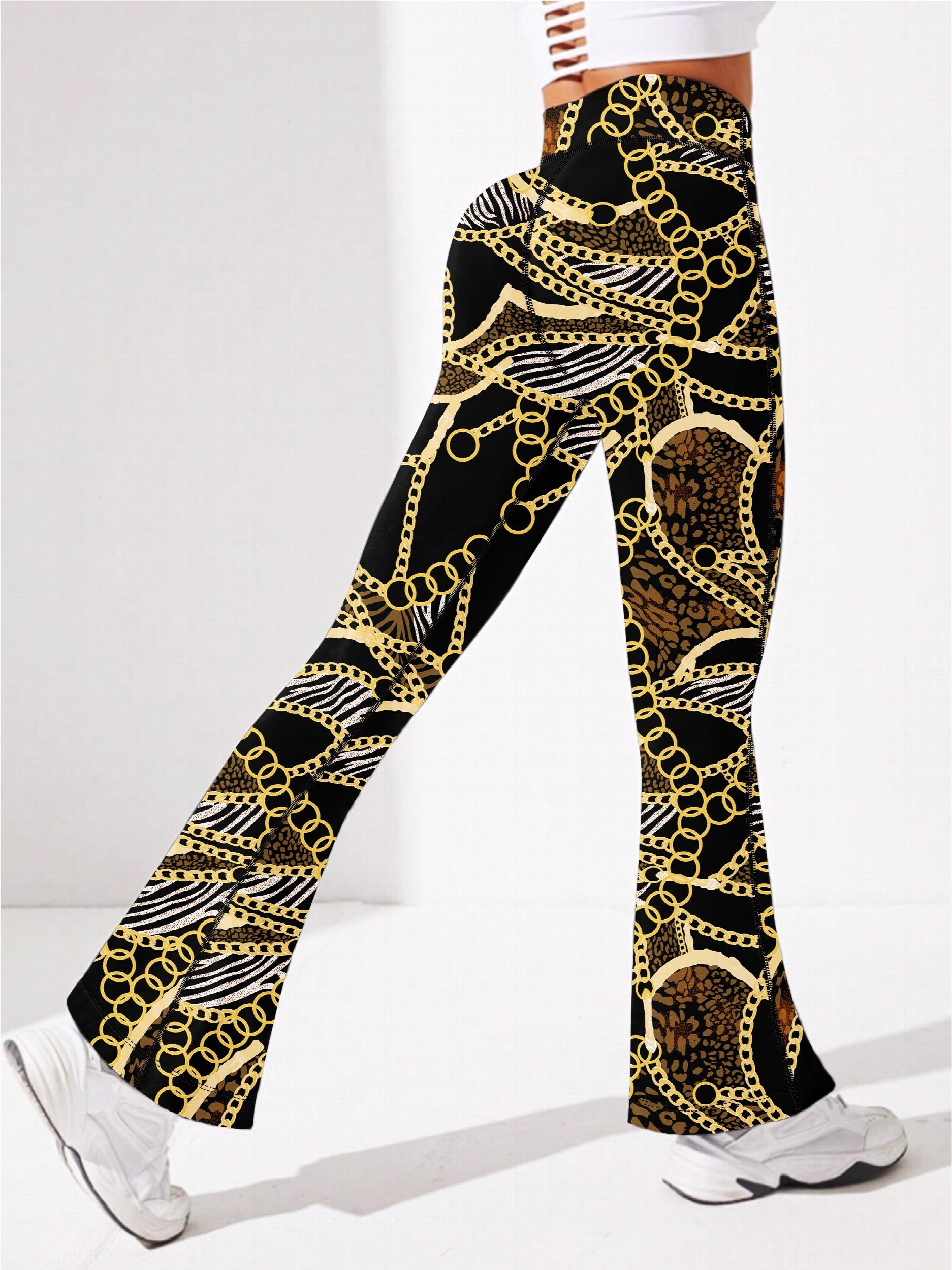 Chain Print Yoga Flare Leg Pants High Stretch Fitness Running Bootcut