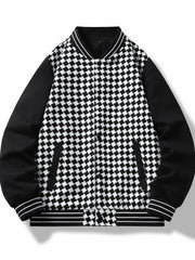 Checkerboard Pattern Varsity Jacket Men's Casual Baseball Collar Button Up Jacke