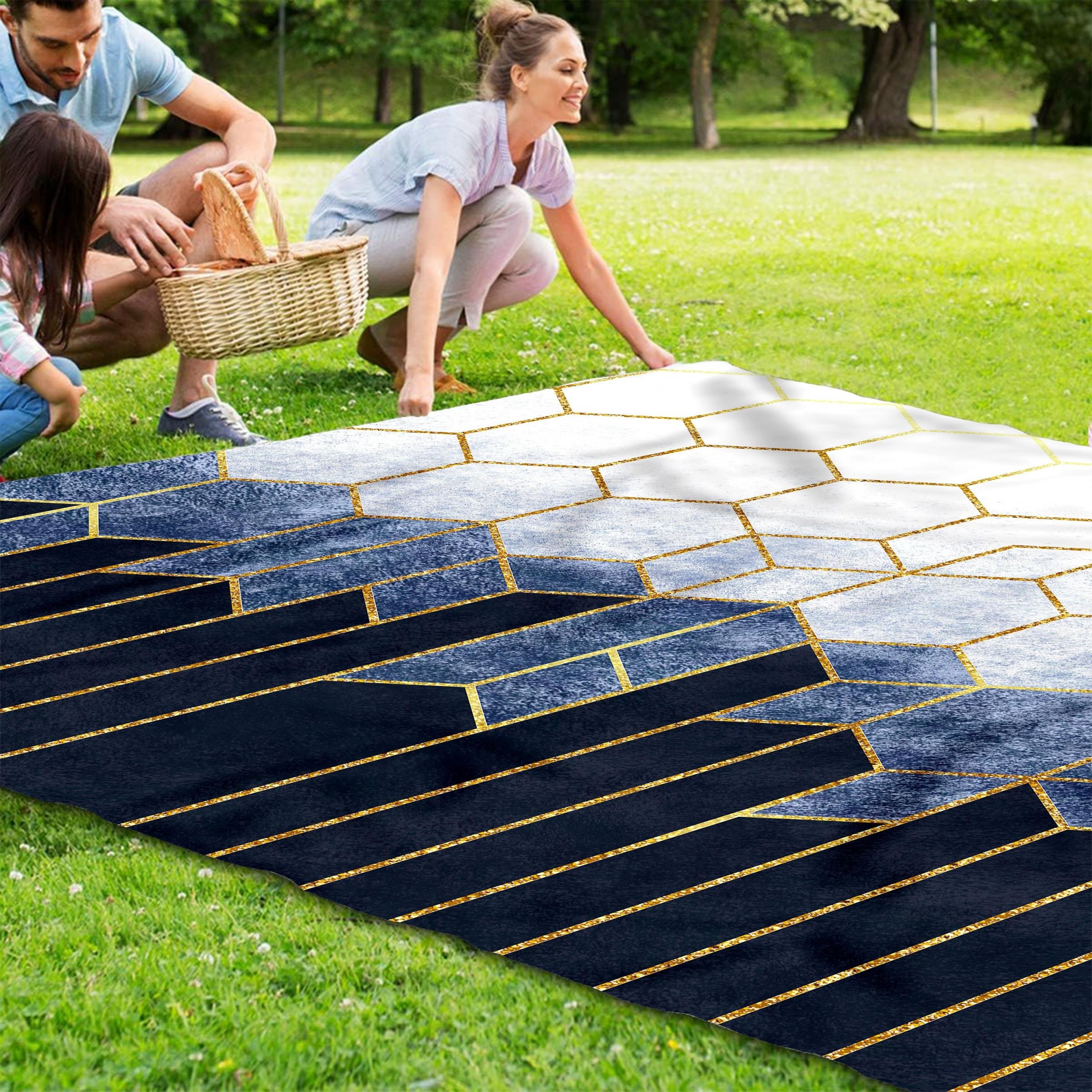 Golden Geometric Plaid Outdoor Picnic Mat Lightweight Waterproof