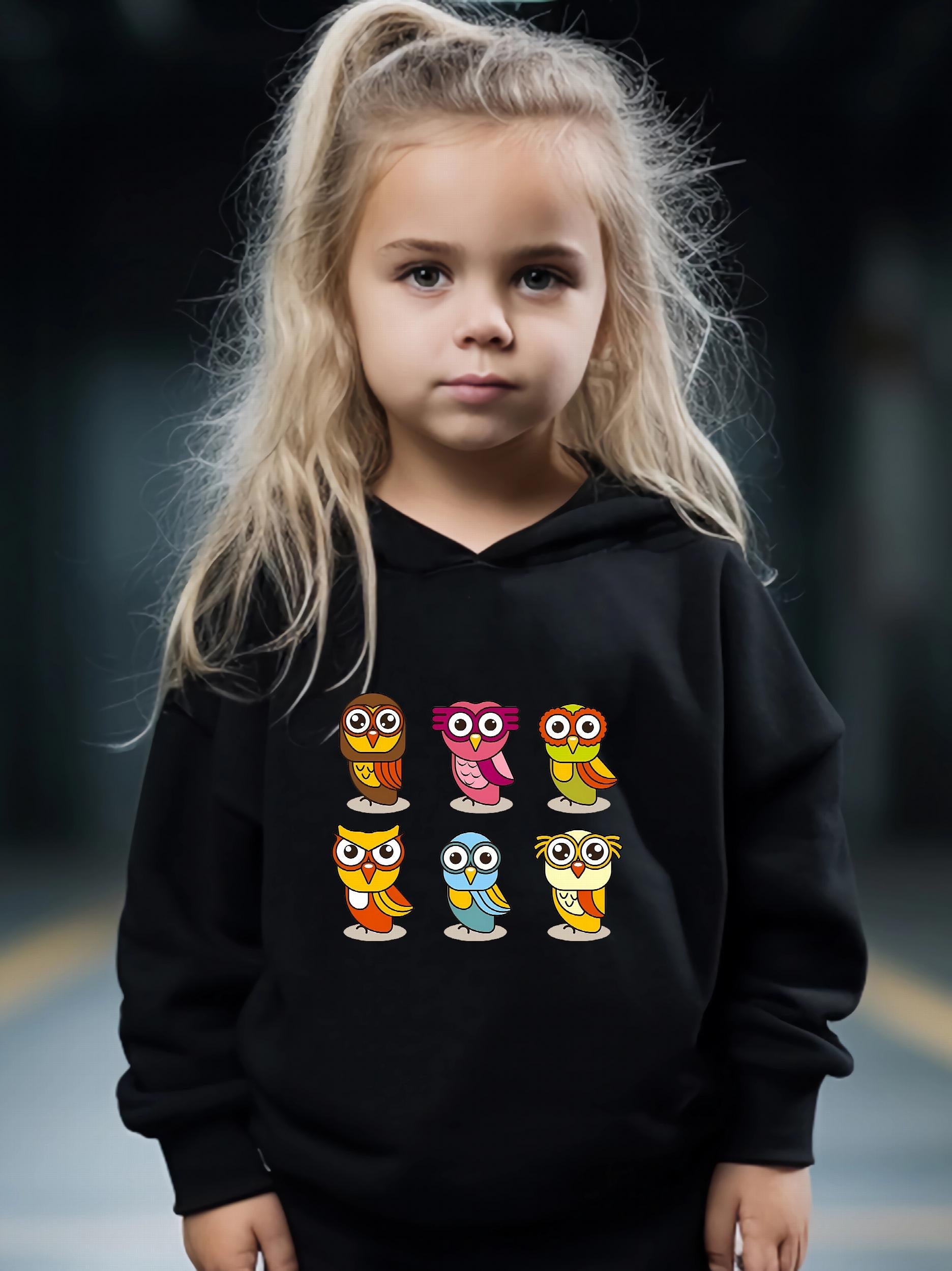 Cartoon Owls Print Hoodie & Pants Set Girl's Sporty Clothes
