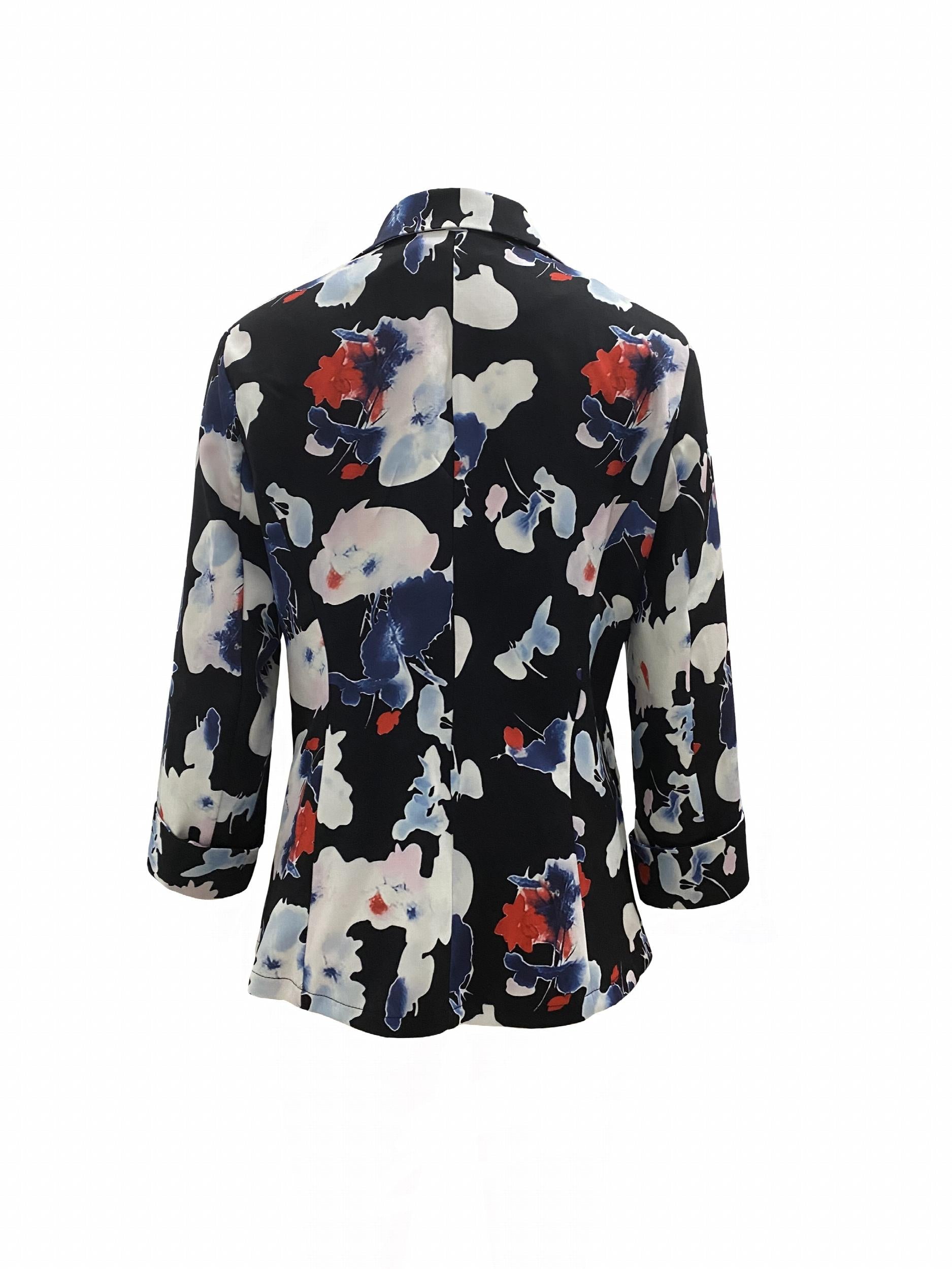 Floral Print Button Front Blazer Lapel Long Sleeve Blazer For Office & Work